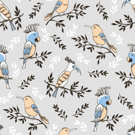 hand drawn illustration. Seamless pattern with exotic birdsのイラスト素材