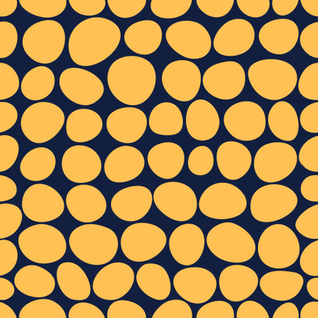 Big yellow spots on dark background. Seamless abstract pattern with uneven hand drawn circles. Vector illustration for scrapbooking, wrapping paper, surface designのイラスト素材