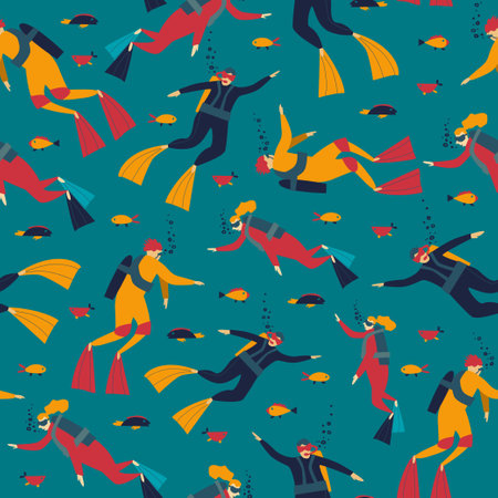 Seamless pattern with divers. Diving. underwater world. Vector flat illustration on a blue backgroundのイラスト素材