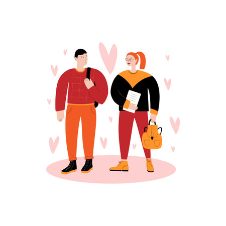 The young woman and man standing and communicating. Teenage love. Flat colorful vector illustration on white backgroundのイラスト素材