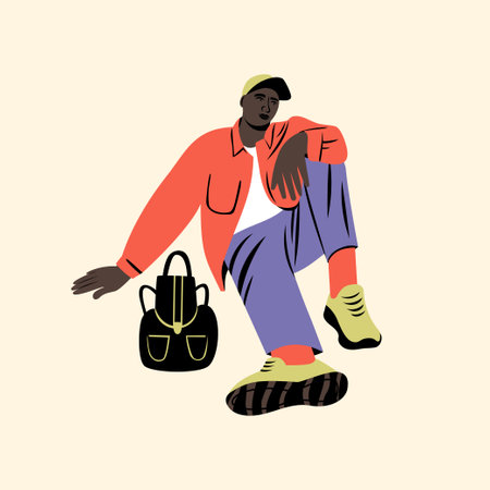 Portrait of an African young man wearing casual clothes and sitting on the floor. A fashion pose. vector flat illustrationのイラスト素材