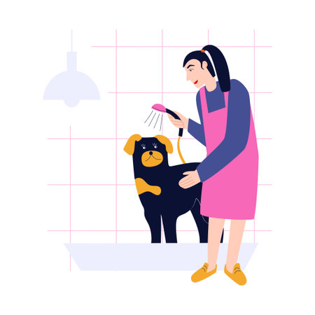 Vector flat illustration with woman washing dog. Pet care in the grooming salonのイラスト素材