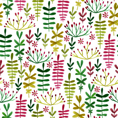 Watercolor seamless floral background with simple repeat plants. Hang drawing print for textile, fabric, wrapping papper, wallpaper, surface designの写真素材