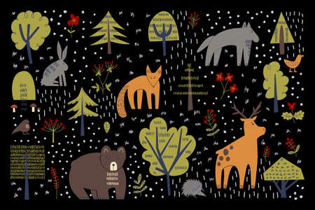Set of forest animals in flat style. Child vector illustration on dark backgroundのイラスト素材
