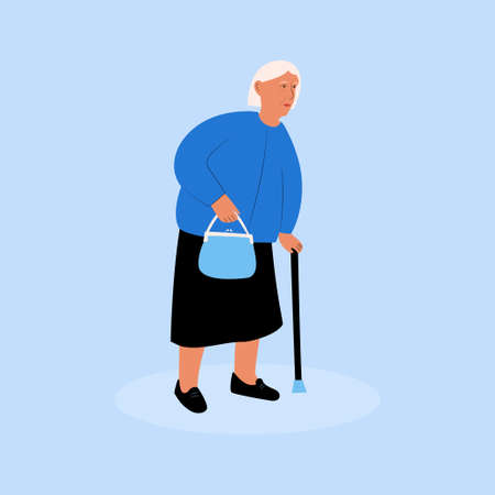 An elderly woman holding a walking stick and a bag. Grandmother with gray hair. flat colorful vector illustrationのイラスト素材