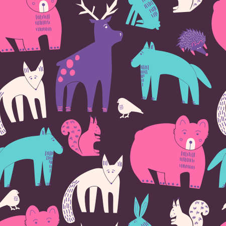 Bright flat pattern with forest animals in flat style. Seamless background for wallpaper, fabric, textile design. Vector childish illustration with cartoon fox, deer, wolf, bear, bird, hare, squirrelのイラスト素材