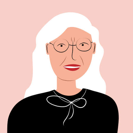 Portrait of elderly woman in glasses. Grandmother with gray hair. flat colorful vector illustrationのイラスト素材