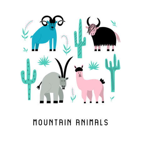 Set of mountain wild animals and plants in flat style. Childish vector illustration with lama, goat, argali, yak on white backgroundのイラスト素材