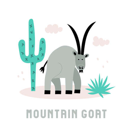Card with a mountain goat. Childish flat vector illustration with a wild animal on white backgroundのイラスト素材