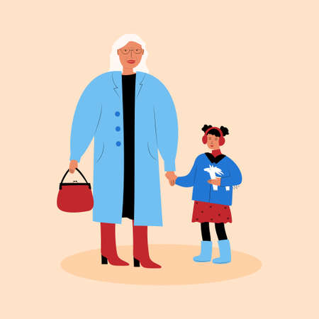 Grandmother with granddaughter in warm clothes. Old woman holding the hand of the little girl. family. flat colorful vector illustrationのイラスト素材
