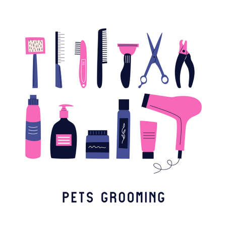 Set of different hairdressing supplies. Vector illustration with equipment for pet care. Tools for washing, brushing, drying, groomingのイラスト素材