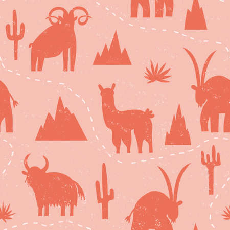 Simple monochrome seamless pattern with mountain animals - rams, lamas, goats, yaks. child flat vector backgroundのイラスト素材