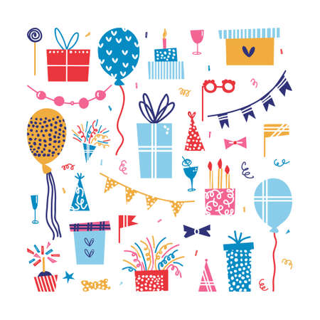 Set of birthday party flat elements on white background. Vector illustration with balloons, flags, gifts, festive decor for design of greeting cards and invitations, party decorationのイラスト素材
