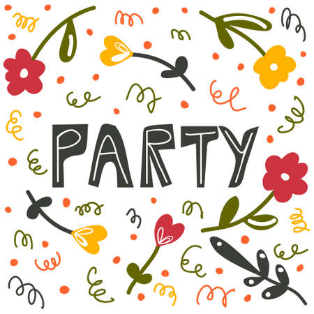 Invitation party card with flowers, plants, serpentine. simple cartoon flat vector illustrationのイラスト素材