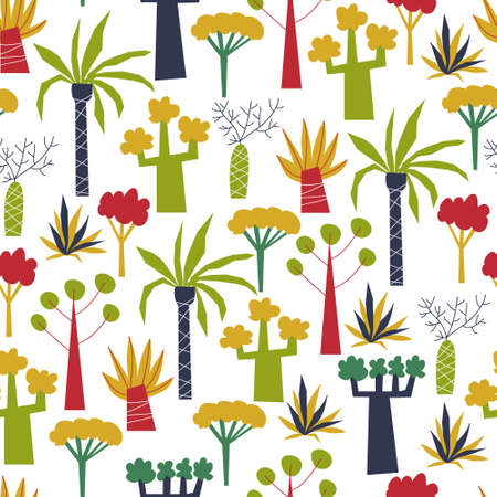 Bright seamless pattern with plants of Savanna. Colorful natural background in flat style. Vector illustration for wallpaper, wrapping paper, surface designのイラスト素材