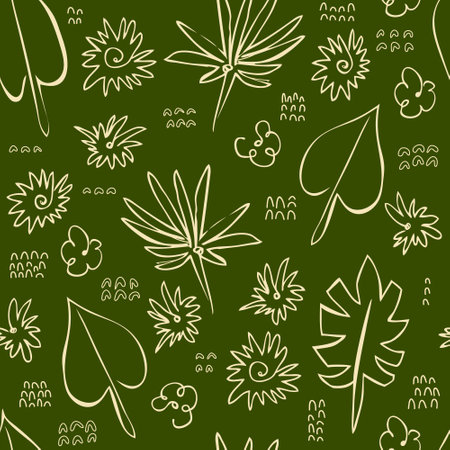 Seamless flat pattern with contour lines of flowers and leaves. Vector cartoon floral background for fabric, textile, wrapper, wallpaper, surface designのイラスト素材