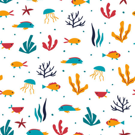 underwater world. Seamless pattern with fishes and seaweed. cartoon flat vector illustration for surface designのイラスト素材
