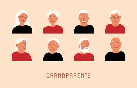 Set of avatars with gray women and men. Heads of grandparents. flat colorful vector illustrationのイラスト素材