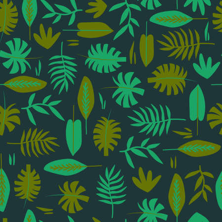Seamless pattern with simple tropical leaves on a dark background. Vector flat illustration for surface designのイラスト素材