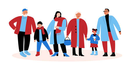 Grandparents, mother, father, children. A big family. Many people in warm clothes. Flat colorful vector illustration on white backgroundのイラスト素材