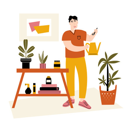 A person caring for indoor flowers. Vector flat illustration with man fertilizing a houseplant. A young man enjoying his hobby at home. home gardeningのイラスト素材