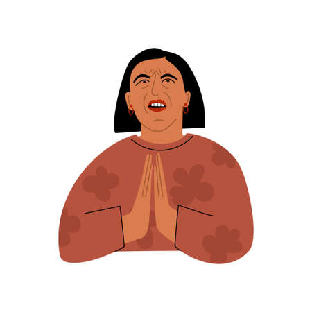 Portrait of praying woman on white background. Vector flat illustration with a grieving person begging for mercy and holding palms together in prayer. Intercourse with Godのイラスト素材