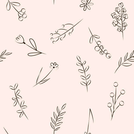 Seamless pattern with outline flowers, leaves, plants. Simple flat floral illustration for wallpaper, wrapping paper, surface designのイラスト素材