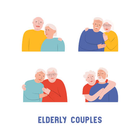 A collection of older married couples. White-haired men and women. Portraits of hugging grandparents. Vector flat illustration on a white backgroundのイラスト素材