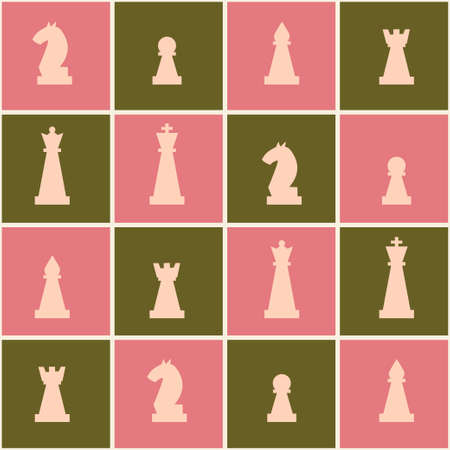 Seamless pattern with chessboard and chess pieces. Vector flat illustration. Colorful background with chessmenのイラスト素材