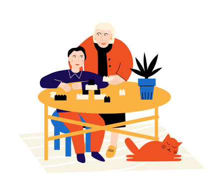 Grandmother and grandson playing home. family pastime. Woman and boy assembling structures from interlocking toy bricks or building blocks. vector flat illustrationのイラスト素材