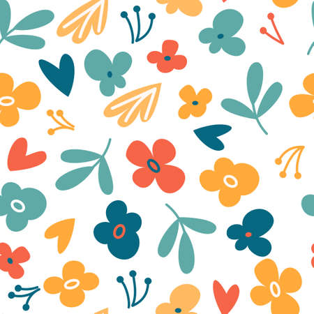 A simple bright pattern with little flowers and leaves on a white background. Floral seamless illustration for wallpaper, wrapping paper, surface designのイラスト素材