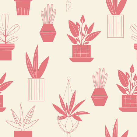 Simple seamless pattern with different simple houseplants. Vector flat endless background with indoor plantsのイラスト素材