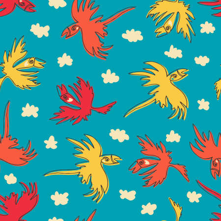 Seamless vintage pattern with flying parrots on blue background. Vector endless flat illustration with birds in the skyのイラスト素材