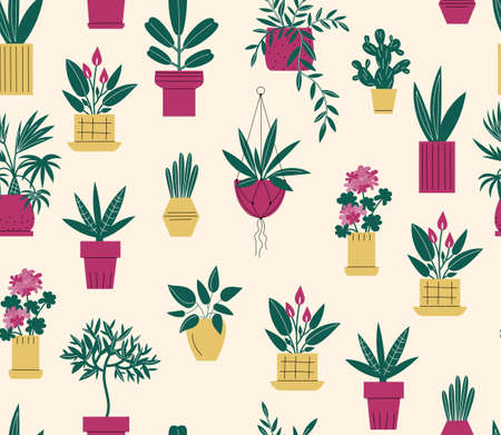 Seamless pattern with different simple houseplants. Vector flat endless background with indoor plantsのイラスト素材