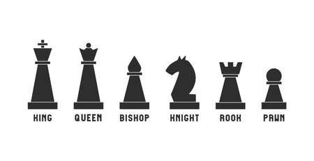 Set of black chessmen on white background. Silhouettes of chess pieces. vector flat illustrationのイラスト素材