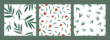 Set of seamless patterns with simple flowers, leaves, plants. Collection of flat floral illustration for wallpaper, wrapping paper, surface designのイラスト素材