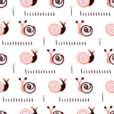 Simple seamless vector pattern with snails. Childish cartoon endless illustration with escargot on white backgroundのイラスト素材