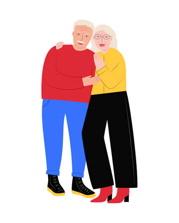 An elderly married couple on a white background. A white-haired man and a woman. Hugging grandparents. vector flat illustrationのイラスト素材