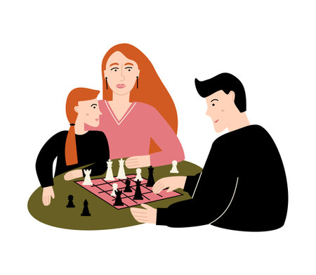 Mother, father, and daughter playing a game of chess. family hobby. home pastime. Vector flat illustration on white backgroundのイラスト素材