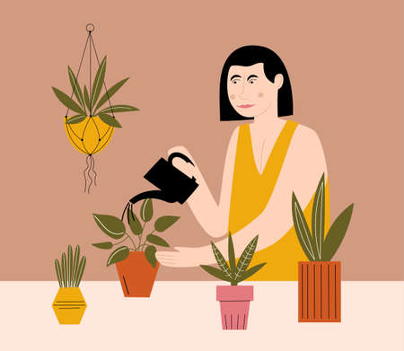 A woman watering a houseplantのイラスト素材