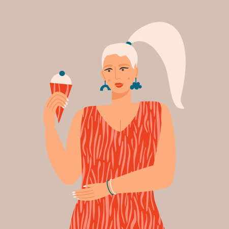 Portrait of a young woman standing with an ice cream in her hands. Flat vector illustration with a cute blonde girlのイラスト素材