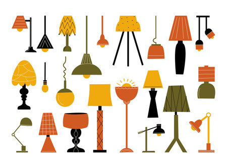 Set of different lamps. Vector flat illustration on white backgroundのイラスト素材