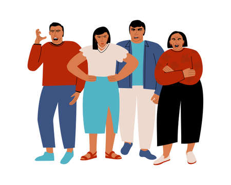 A crowd of angry people. Men and women expressing negative emotions. Vector flat illustration with furious charactersのイラスト素材