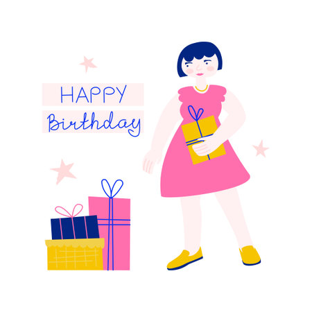A woman holding a holiday box in her hands. Happy birthday lettering. A person with a gift. Simple vector flat illustration with a girl going to a birthday partyのイラスト素材