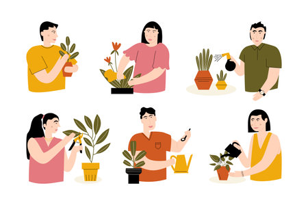 Set of scenes with people and their home plants. Caring for houseplants - watering, wiping, spraying, fertilizing, pruningのイラスト素材