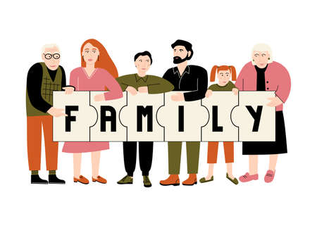 People holding a Family banner. Grandparent, mother, father, and kids. Vector flat illustration on light backgroundのイラスト素材