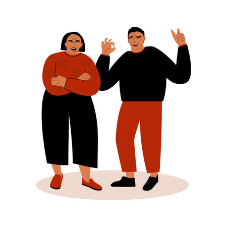 A woman yelling at a man. A married couple is fighting. A relationship crisis. Vector flat illustration with quarrel peopleのイラスト素材