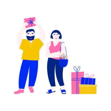 Characters with holiday boxes. A man standing next to a woman and holding a birthday present in his hands. Simple vector flat illustration with people and giftsのイラスト素材