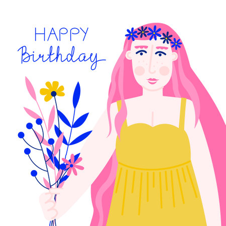 A woman with a wreath on her head. Happy birthday lettering. A person holding a bouquet of flowers in her hand. Simple vector flat illustration with a character going to a birthday partyのイラスト素材