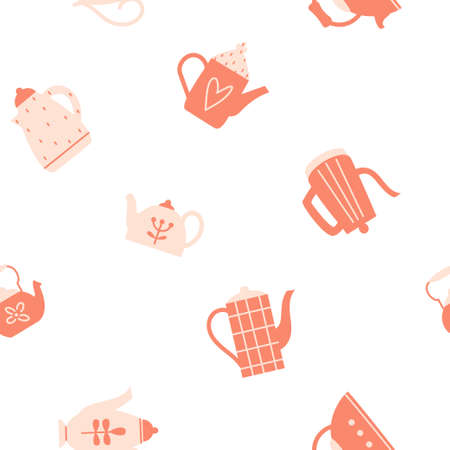 Simple seamless pattern with different kettles. Cute vector background for fabric, textile, print, wrapper, wallpaper, surface design. Flat endless illustration with teapotsのイラスト素材